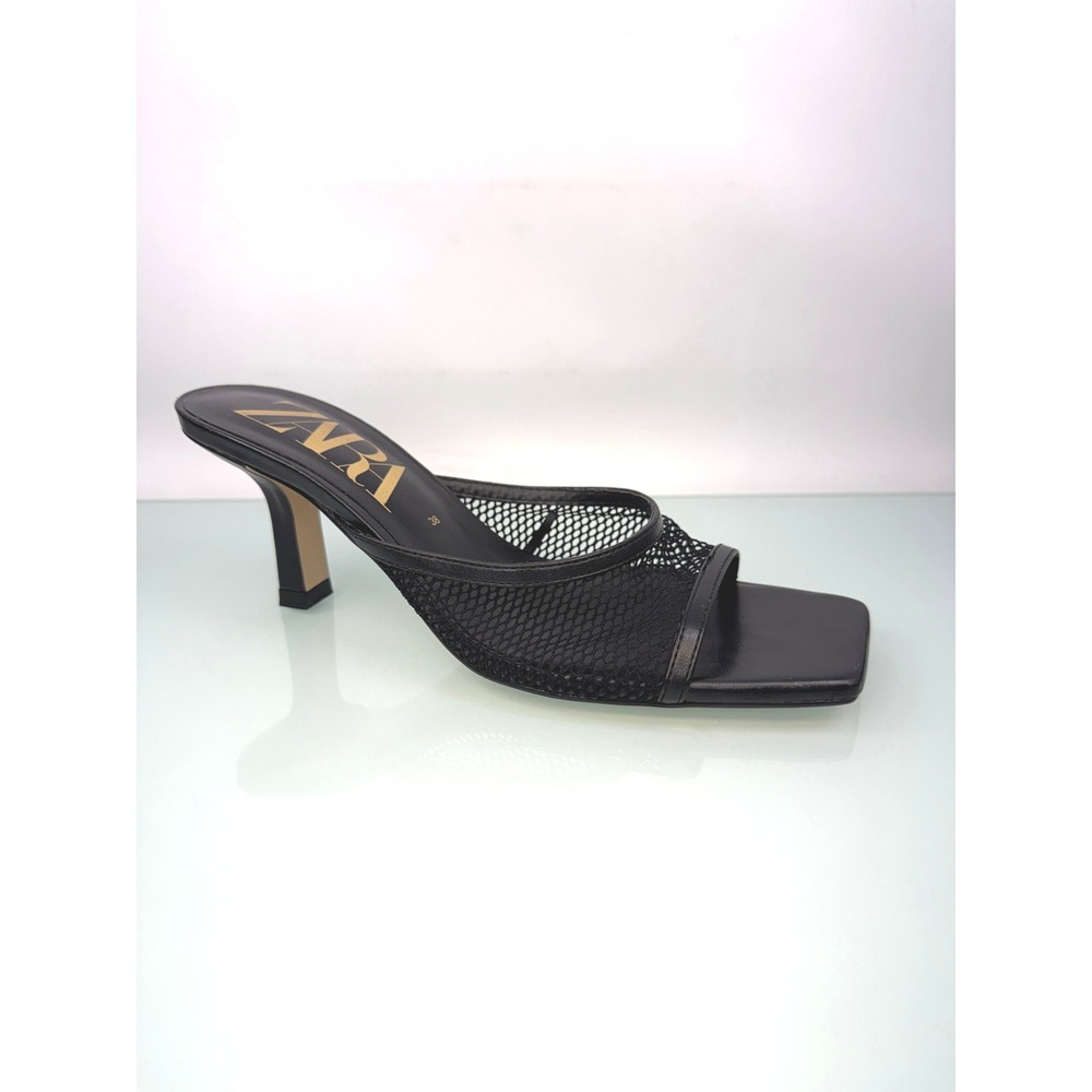 Zara‎ Mesh Mule Heels Women 38 Square Toe Kitten Heel Sandals minimalist summer